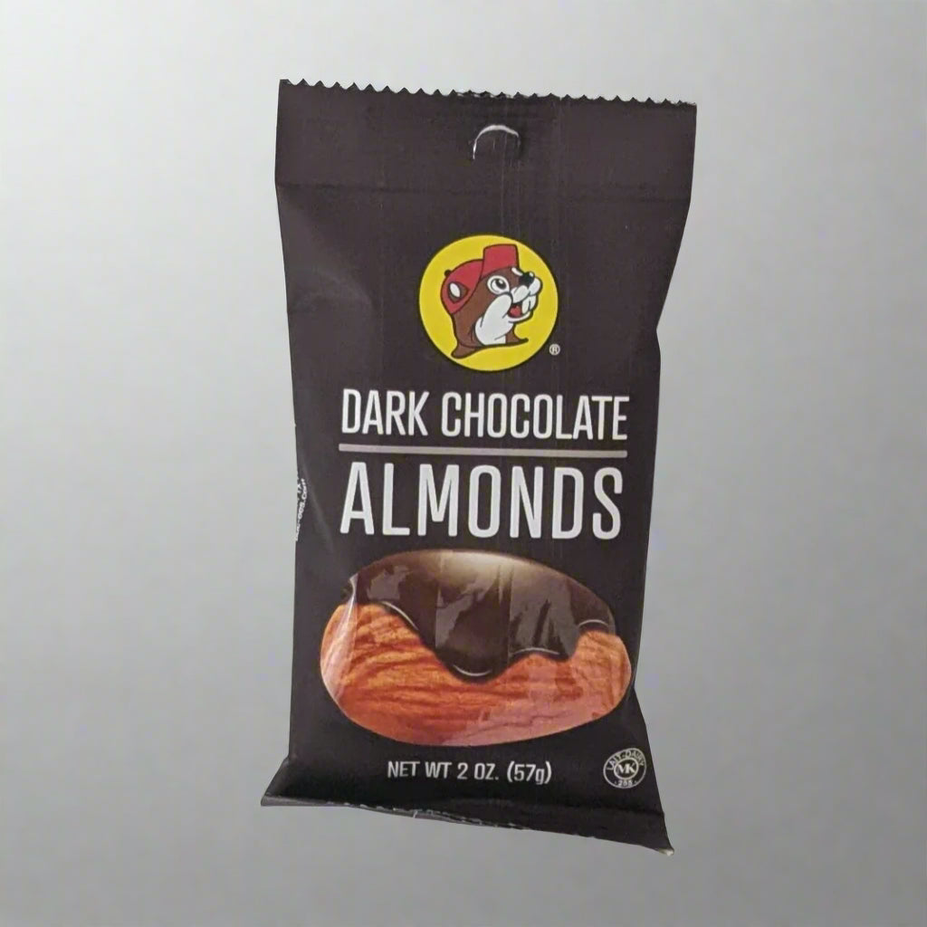 a 2oz bag of dark chocolate almonds from Buc-ee's