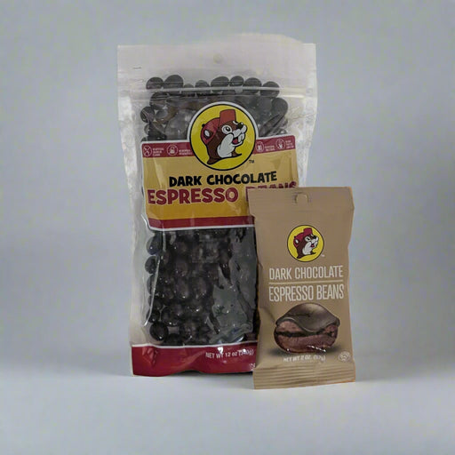 the 2oz and 12oz variants of the dark chocolate espresso beans from Buc-ee's