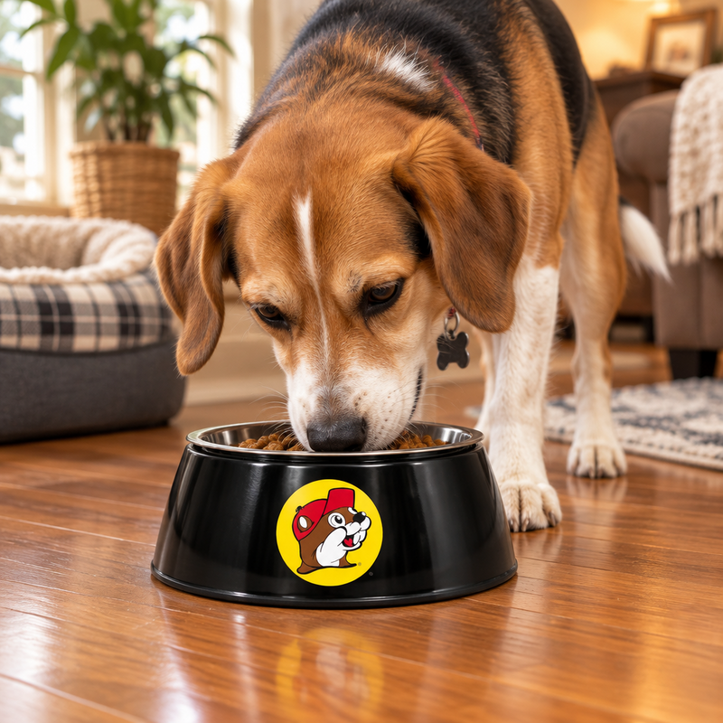 Beagle eating from a black Buc-ee's dog bowl on a wooden floor