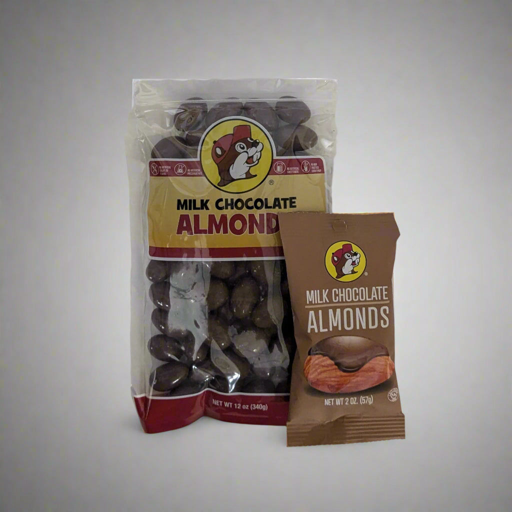 2oz and 12oz bags of milk chocolate almonds from Buc-ee's