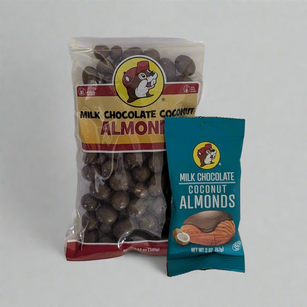 2oz and 12oz variants of milk chocolate coconut almonds from Buc-ee's