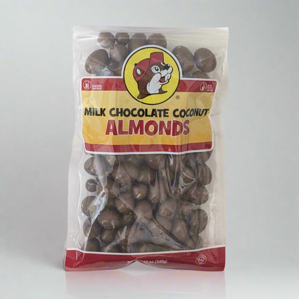 a bag of milk chocolate coconut almonds from Buc-ee's. 12 ounces.