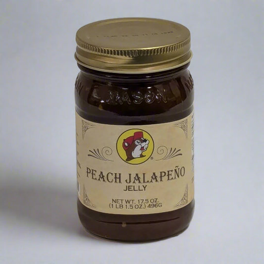 a 17.5 oz jar of peach jalapeno jelly from Buc-ee's