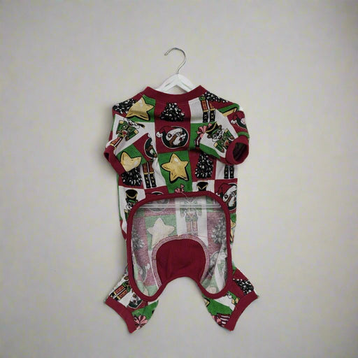 Back view of holiday-themed pet pajamas with a decorative holiday print and an open rear section for convenience