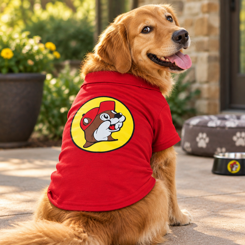 Golden retriever dog on a patio wearing the red Buc-ee's pet shirt