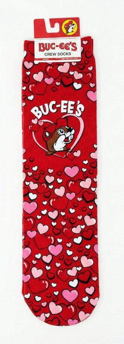 Two pairs of Buc-ee's socks with heart and lollipop patterns on a white background.