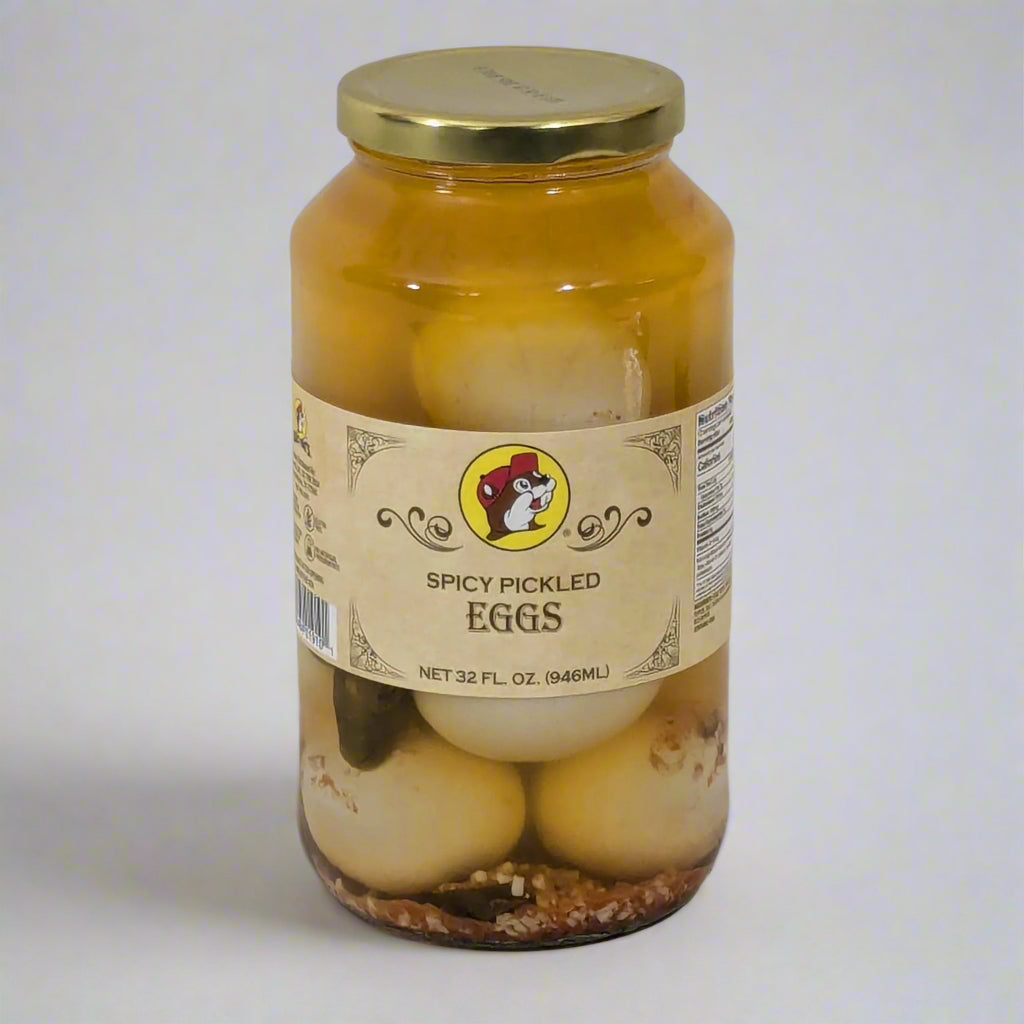 a 32 oz jar of spicy pickled eggs from Buc-ee's