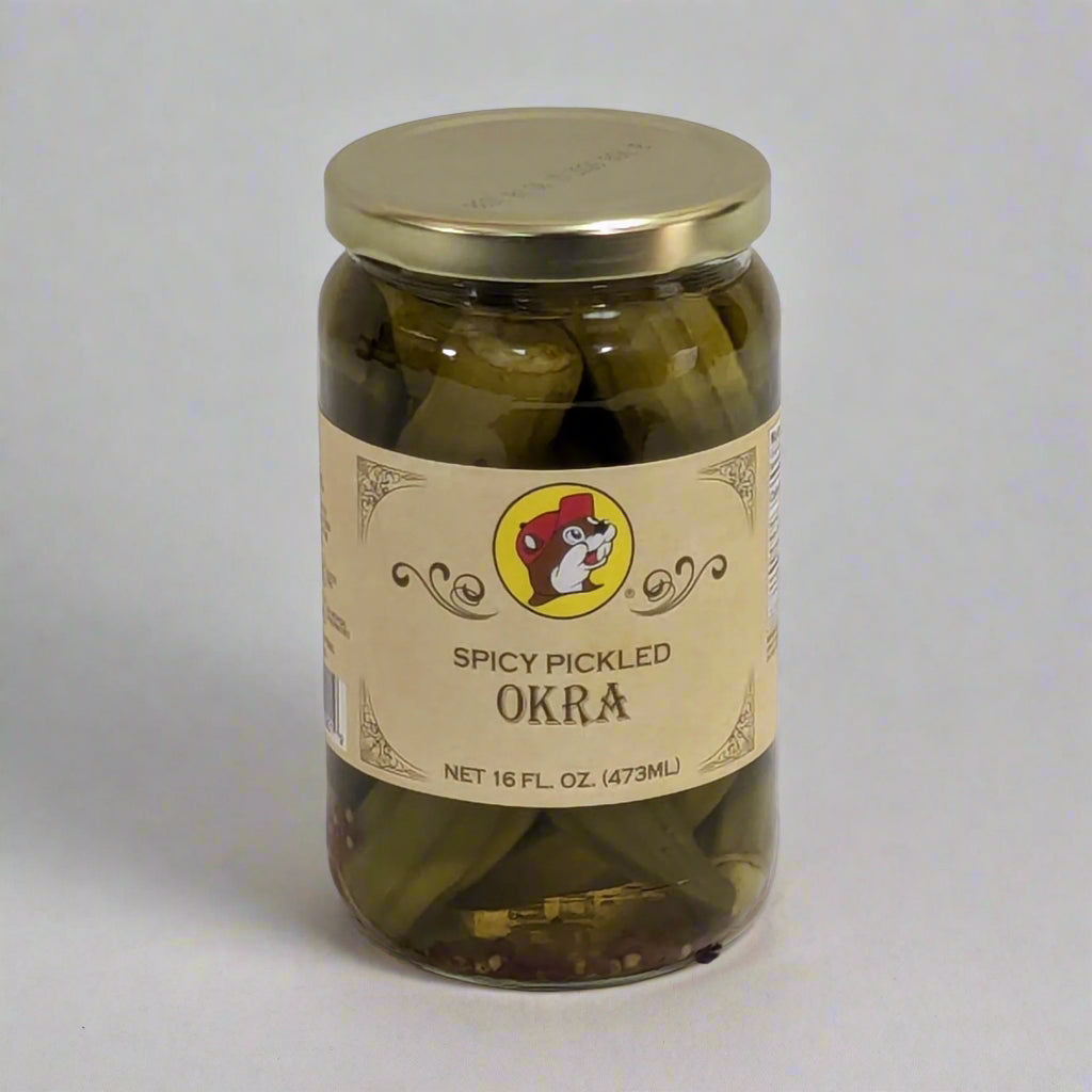 a 16 oz jar of spicy pickled okra from Buc-ee's