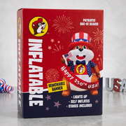 Box of an inflatable Buc-ee Beaver with patriotic design on a gray background