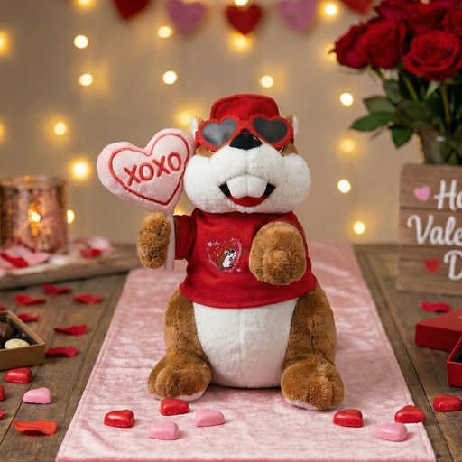 Stuffed dog toy with a red shirt and heart sunglasses on a Valentine's Day setting with flowers and lights.