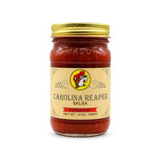 Jar of Buc-ee's Carolina Reaper Salsa, Extra Hot, 16 oz, with gold lid, on white