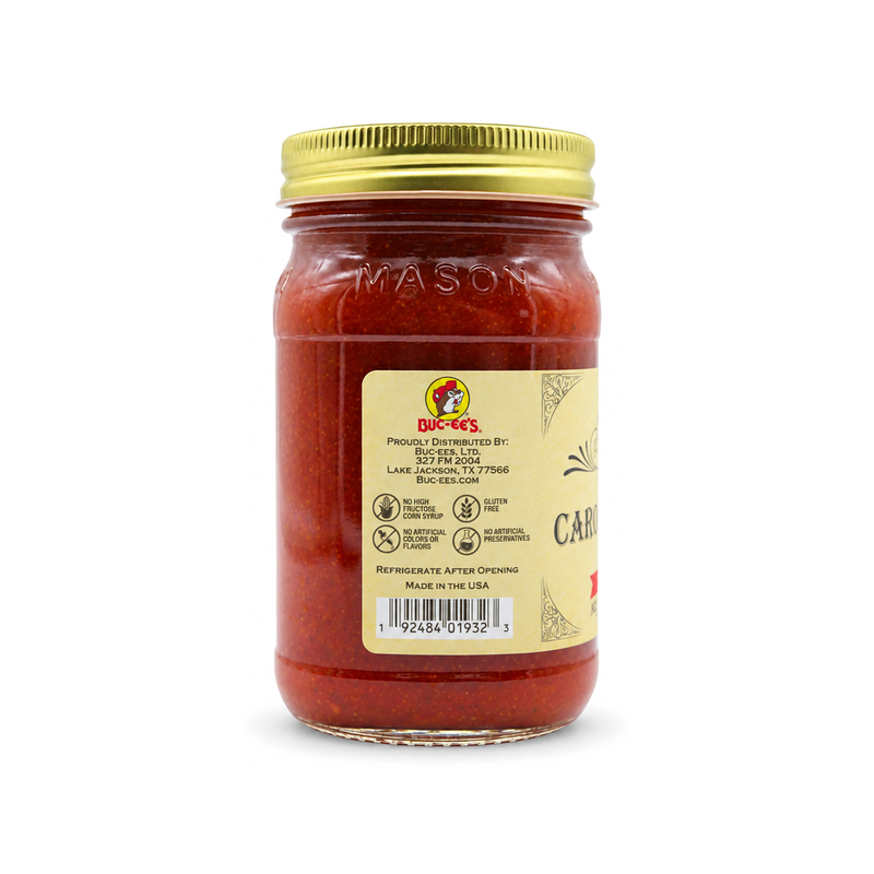Back of the Buc-ee's Carolina Reaper Salsa jar showing the barcode label, on white