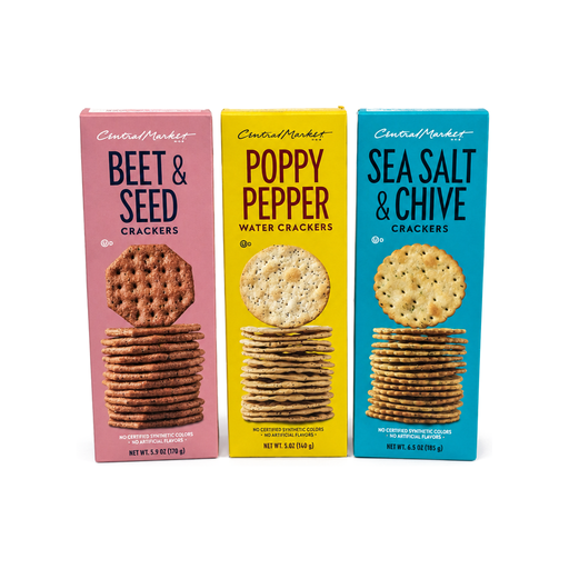 Central Market Beet & Seed, Poppy Pepper Water, and Sea Salt & Chive crackers in 5.9, 5, and 6.5 oz boxes