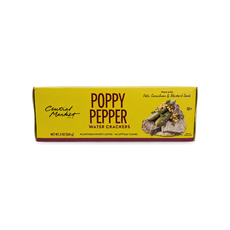 Central Market Poppy Pepper water crackers 5 oz yellow box