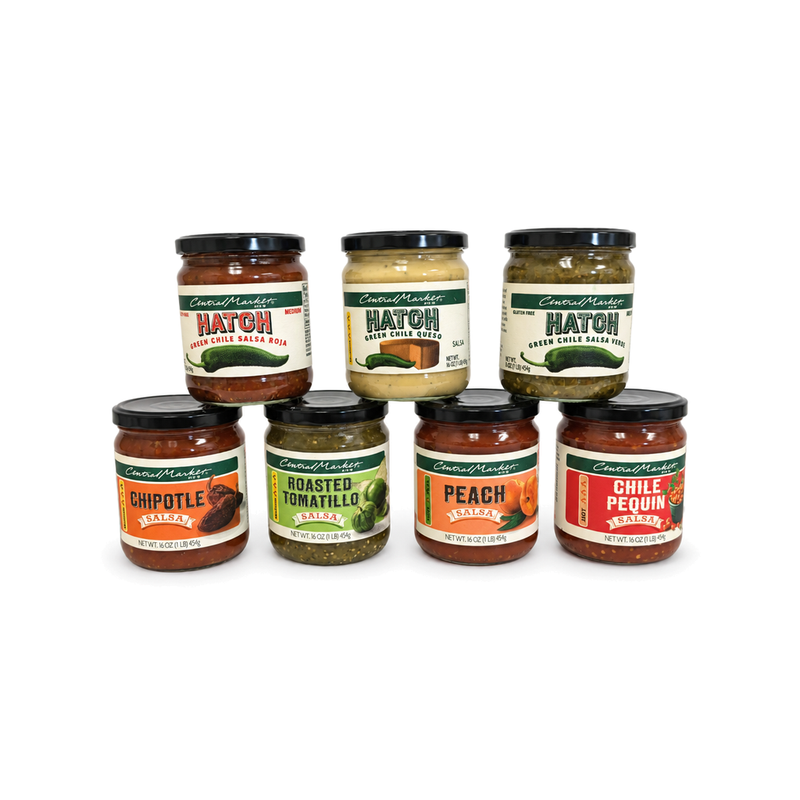 Seven Central Market salsa and queso jars arranged together