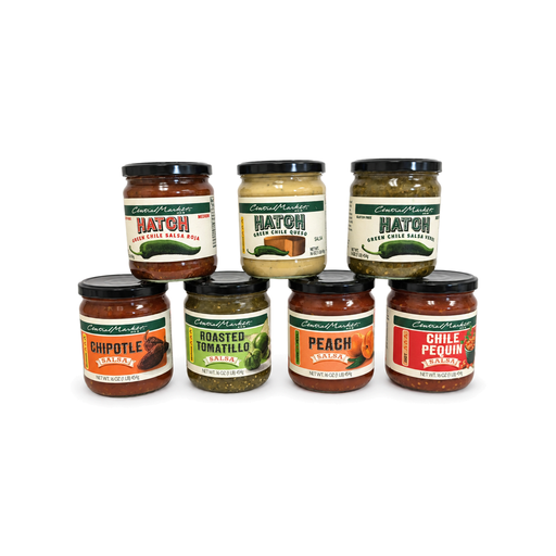 Seven Central Market salsa and queso jars arranged together
