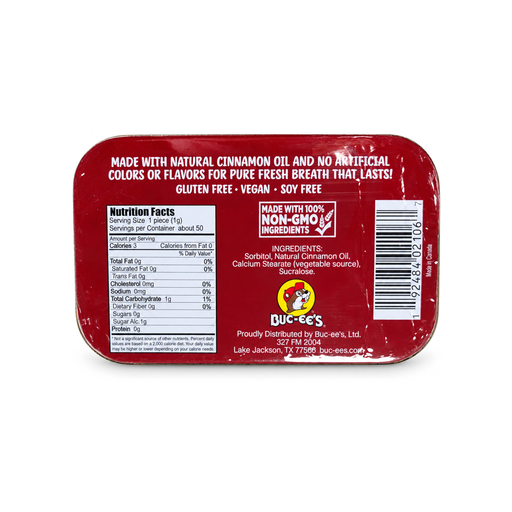 Buc-ee's Sugar Free Cinnamon Mints, 50-count 1.76 oz tin, red and brown with the Buc-ee's beaver logo