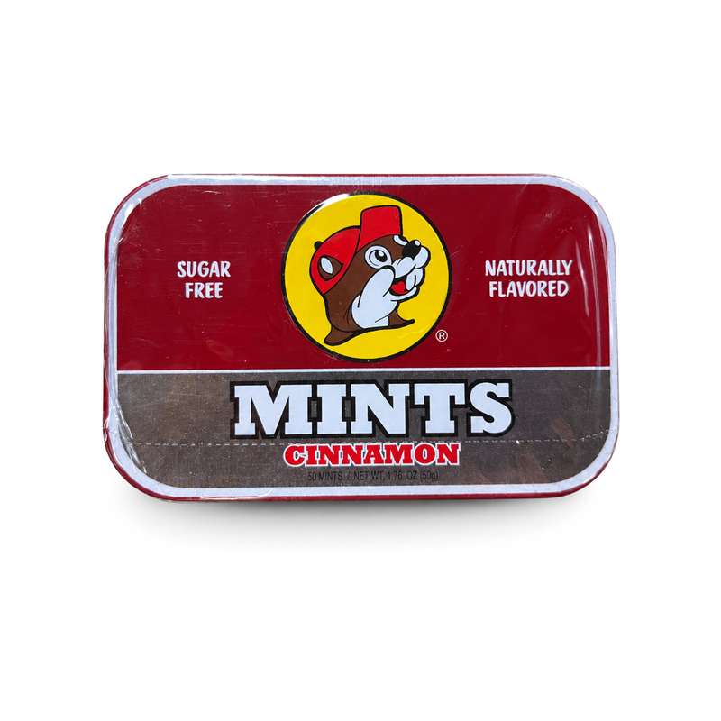 Buc-ee's Sugar Free Cinnamon Mints, 50-count 1.76 oz tin, red and brown with the Buc-ee's beaver logo
