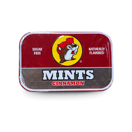 Buc-ee's Sugar Free Cinnamon Mints, 50-count 1.76 oz tin, red and brown with the Buc-ee's beaver logo
