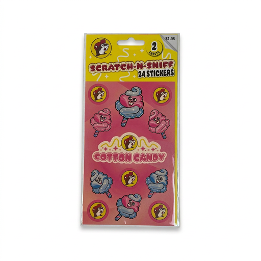 Buc-ee's Scratch-N-Sniff Stickers in Cotton Candy scent, a pack of 24 stickers with Buc-ee logos