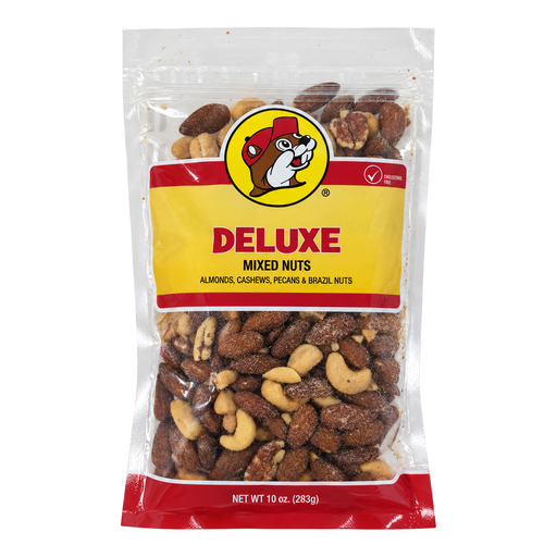 Front of Buc-ee's Deluxe Mixed Nuts 10 oz bag with Buc-ee the Beaver logo and Cholesterol Free badge