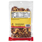 Back of Buc-ee's Deluxe Mixed Nuts 10 oz bag with nutrition facts, ingredients and allergen statement