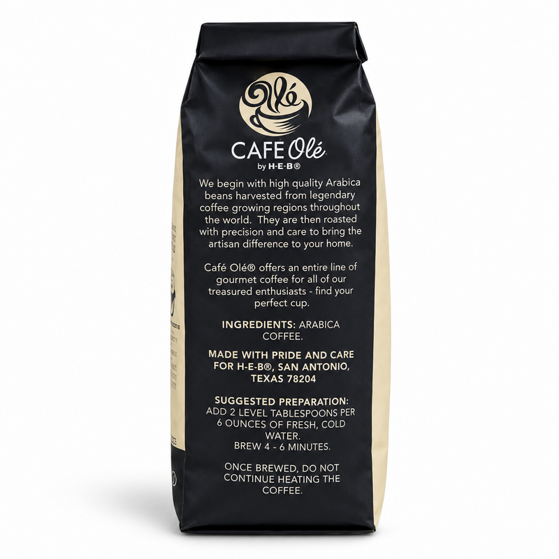 Back of the Cafe Olé Donut Shop ground coffee bag