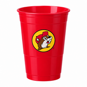 Single red Buc-ee's plastic party cup with Buc-ee the Beaver logo