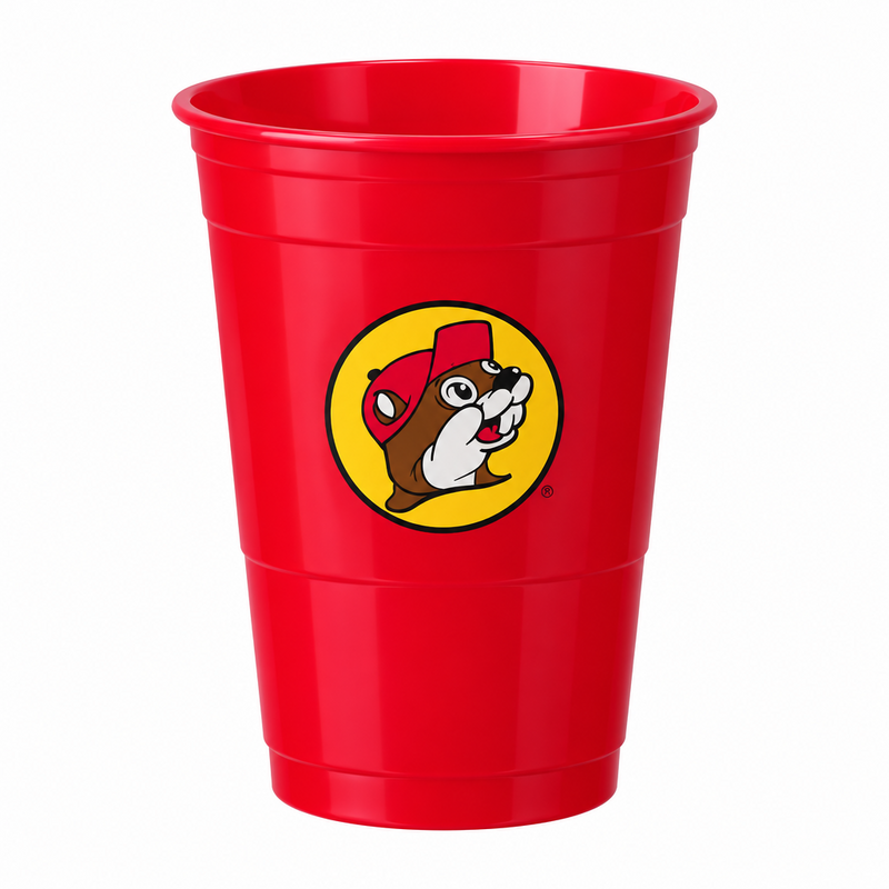Single red Buc-ee's plastic party cup with Buc-ee the Beaver logo