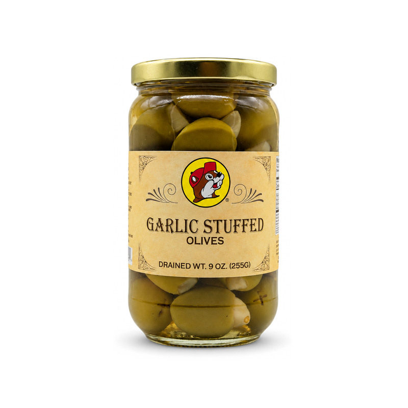Jar of Buc-ee's Garlic Stuffed Olives, front label view