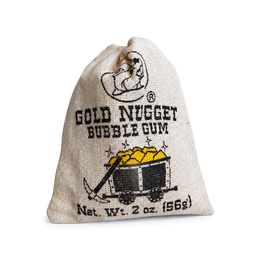 Gold Nugget Bubble Gum in a 2 oz burlap-style drawstring pouch with a gold-filled mining cart and pickaxe design