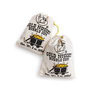 Two Gold Nugget Bubble Gum 2 oz cloth drawstring pouches with a mining cart design, a retro Old West candy gift