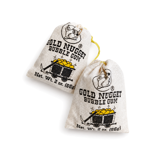 Two Gold Nugget Bubble Gum 2 oz cloth drawstring pouches with a mining cart design, a retro Old West candy gift