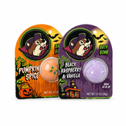 Halloween bath bombs in Pumpkin Spice and Black Raspberry & Vanilla scents, 3.5 oz each, on vampire beaver mascot cards