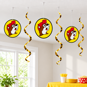 Buc-ee the Beaver hanging swirl decorations displayed in a bright room
