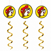 Three Buc-ee the Beaver logo hanging decorations with gold swirl coils