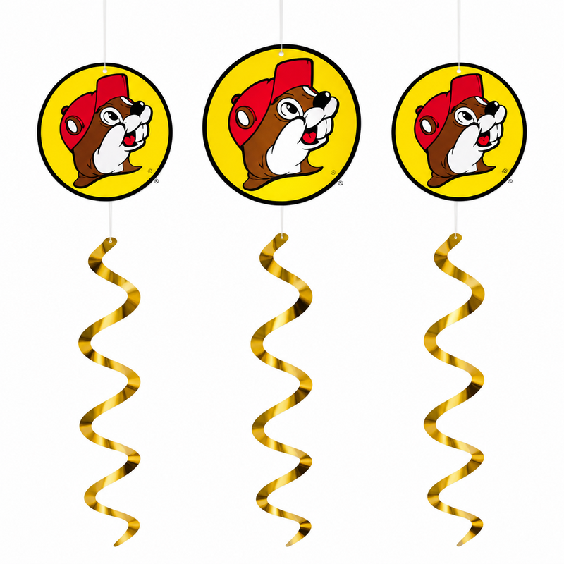 Three Buc-ee the Beaver logo hanging decorations with gold swirl coils