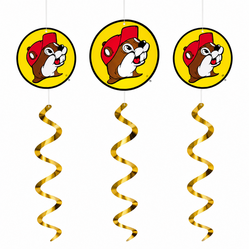 Three Buc-ee the Beaver logo hanging decorations with gold swirl coils