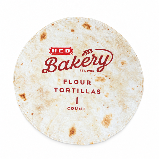 H-E-B flour tortilla blanket, a round throw with toasty brown spots and red Bakery Flour Tortillas 1 Count print