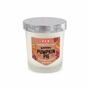 H-E-B Flavor Favorites Bakery Pumpkin Pie scented candle, 4 oz, in a frosted glass jar with a brown fall leaf label