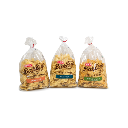 H-E-B Bakery tortilla chips in Unsalted, Sea Salt and Chile Limon bags