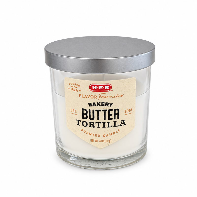 H-E-B Flavor Favorites Bakery Butter Tortilla scented candle, 4 oz, in a clear glass jar with a silver metal lid