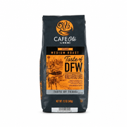H-E-B Cafe Olé Taste of DFW medium roast ground coffee in a 12 oz bag, flavored with caramel, chocolate and pecan