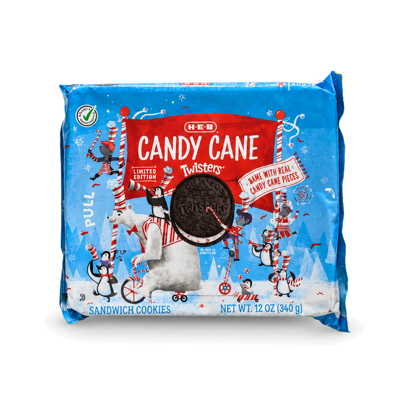 H-E-B Candy Cane Twisters sandwich cookies in a blue winter holiday package, front view