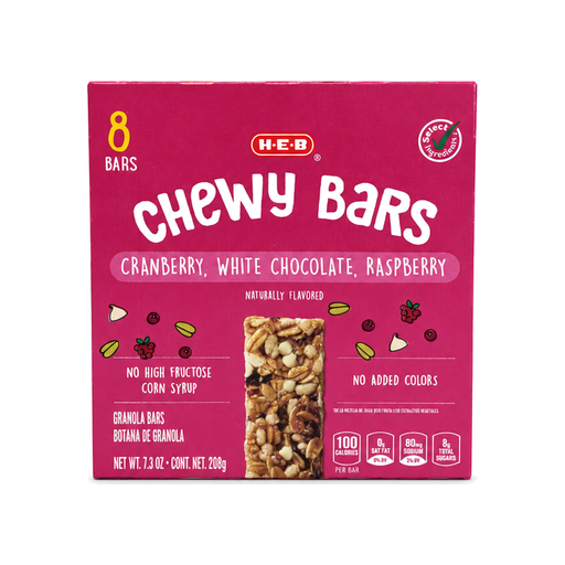 Box of H-E-B Cranberry White Chocolate Raspberry Chewy Bars, 8 count