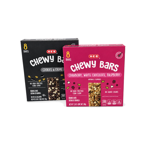 H-E-B Chewy Bars in Cookies & Creme and Cranberry White Chocolate Raspberry boxes