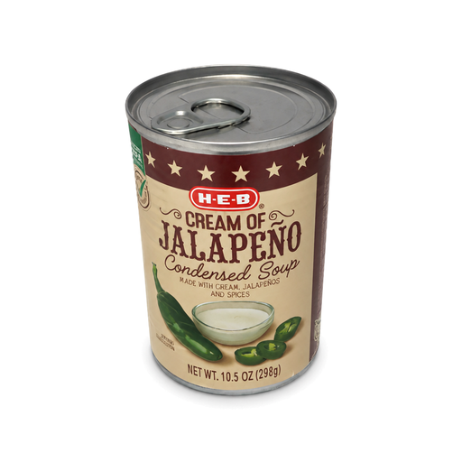 H-E-B Cream of Jalapeño Condensed Soup in a 10.5 oz pull-tab can, a creamy jalapeno soup base for queso and casseroles