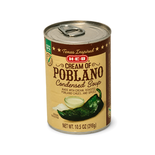 H-E-B Texas Inspired Cream of Poblano Condensed Soup in a 10.5 oz can, made with cream and roasted poblano chiles