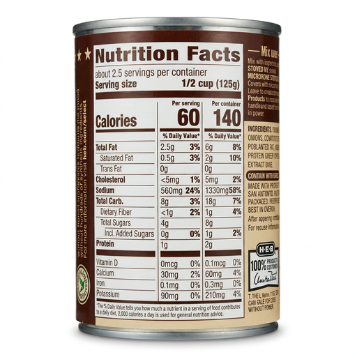 H-E-B Cream of Poblano Condensed Soup can with nutrition facts, 60 calories per 1/2 cup serving, about 2.5 servings