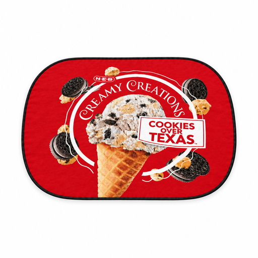 H-E-B Creamy Creations double-sided throw blanket in red with Cookies Over Texas ice cream cone print and black trim

